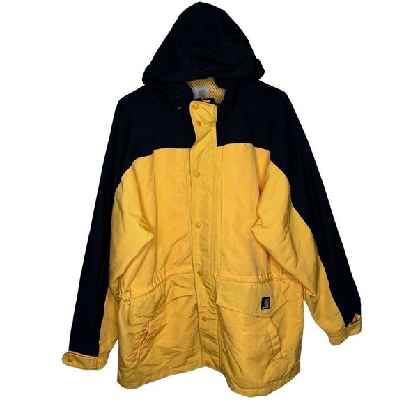 Vintage 90s Carhartt Workshield Yellow Hooded Chore Waterproof Jacket Large - Picture 1 of 5